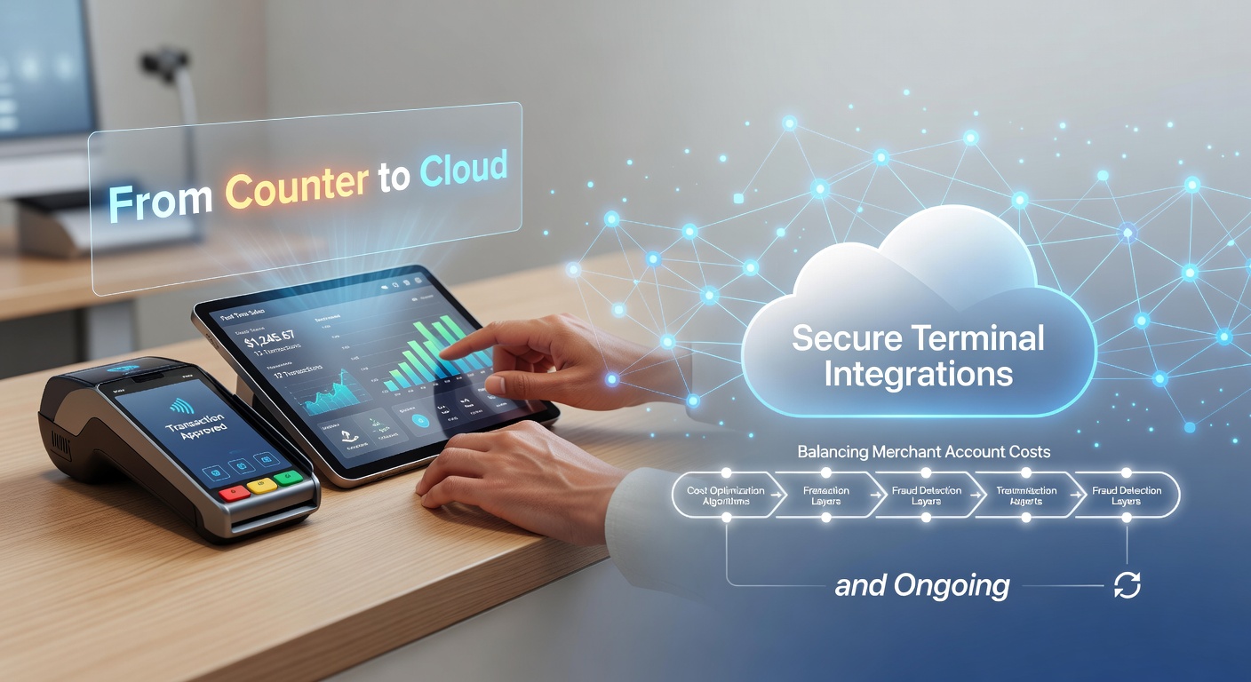 Secure cloud-based terminal integrations showing encrypted data flow from store devices to remote servers