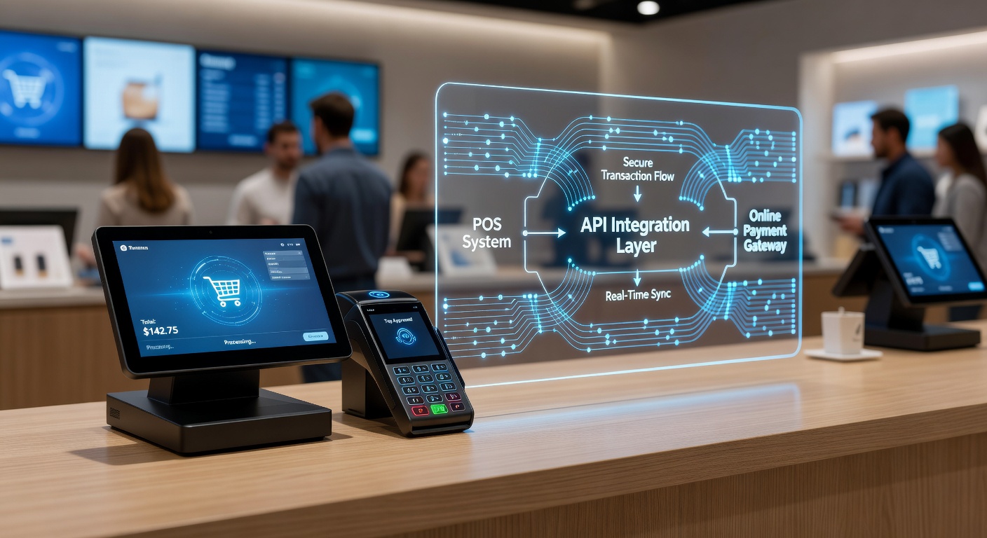 Close-up of a developer coding an API integration on a laptop screen, with POS terminal and payment gateway icons connected by code lines