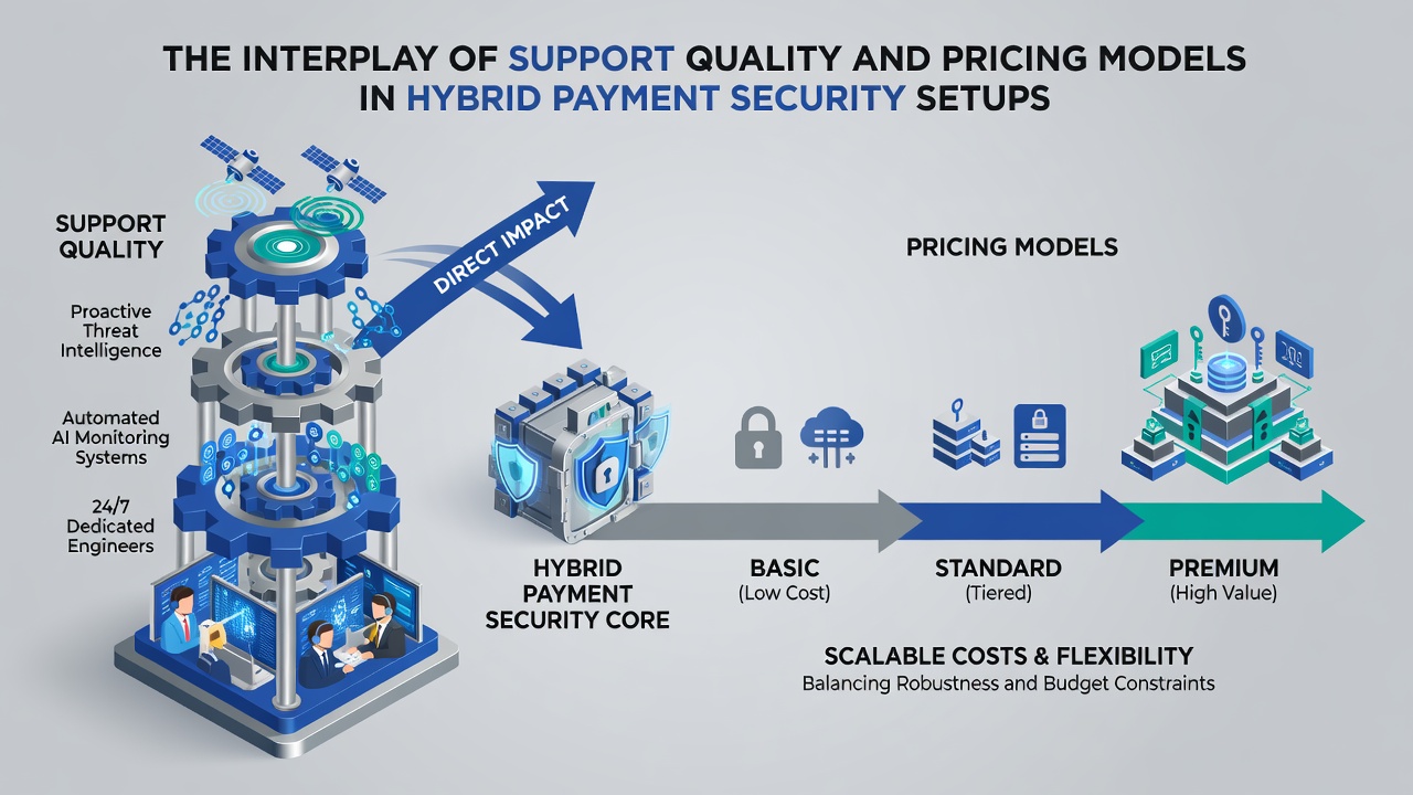 Pricing models and support quality metrics displayed alongside hybrid payment infrastructure diagrams