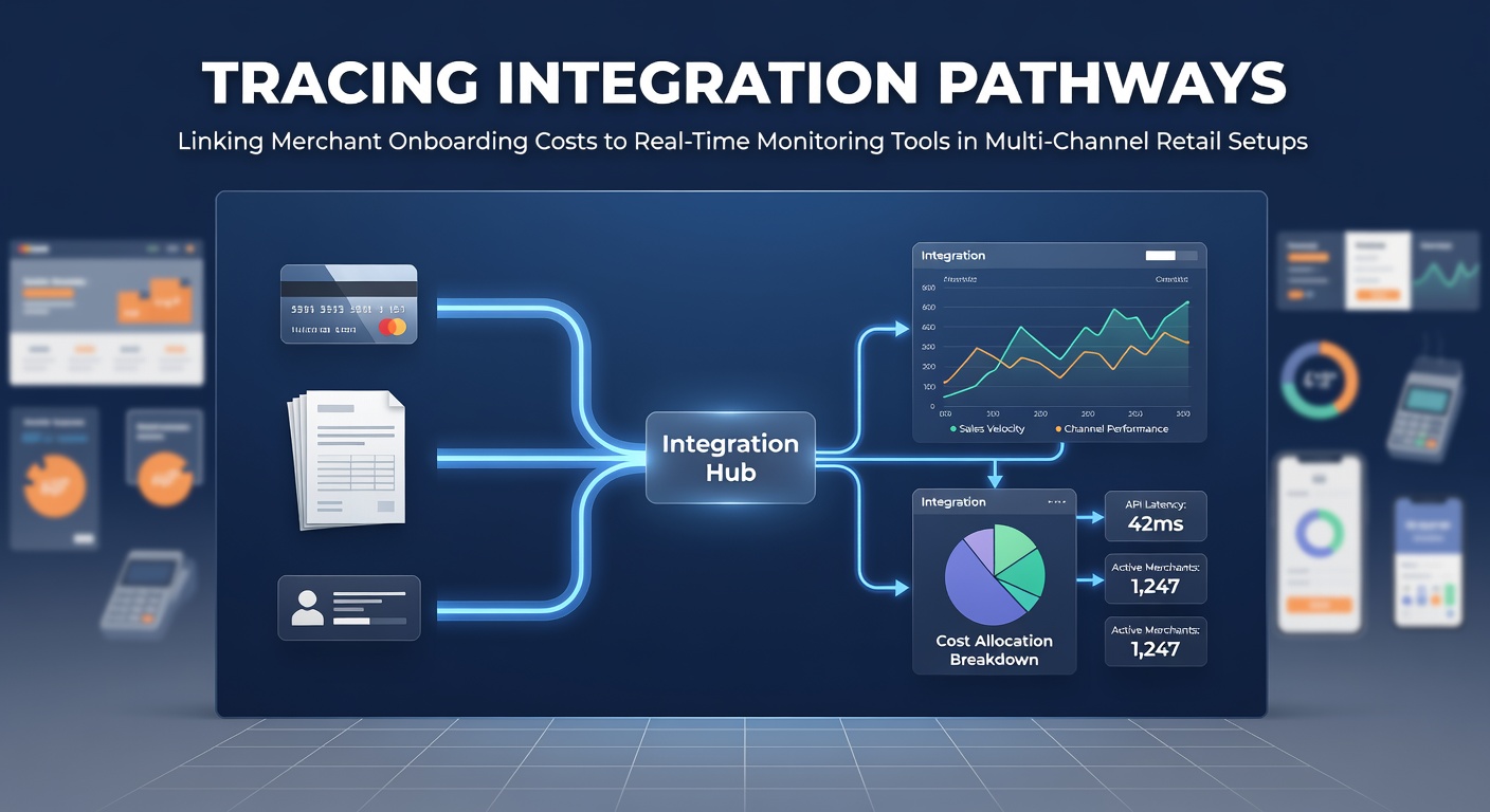 Diagram showing merchant onboarding cost flows connected to real-time monitoring dashboards in retail environments
