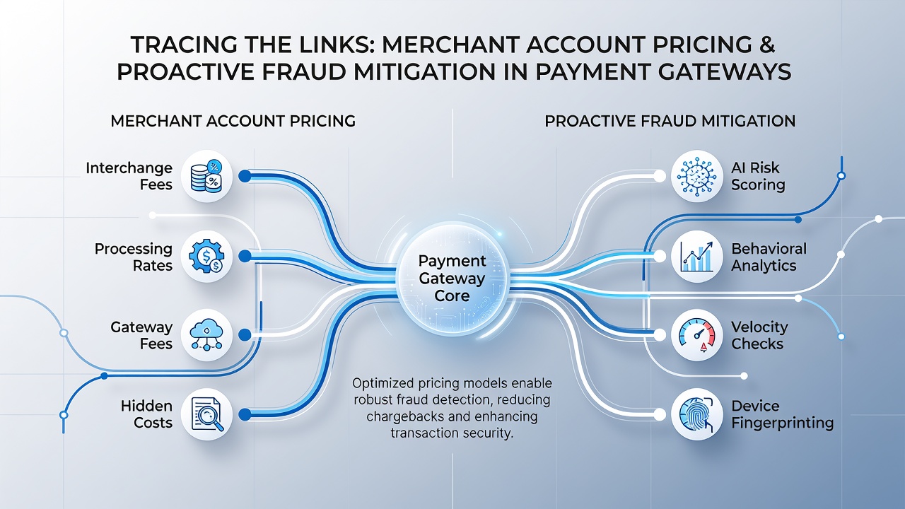 Flowchart showing data pathways from merchant pricing decisions to fraud prevention modules in payment processing systems